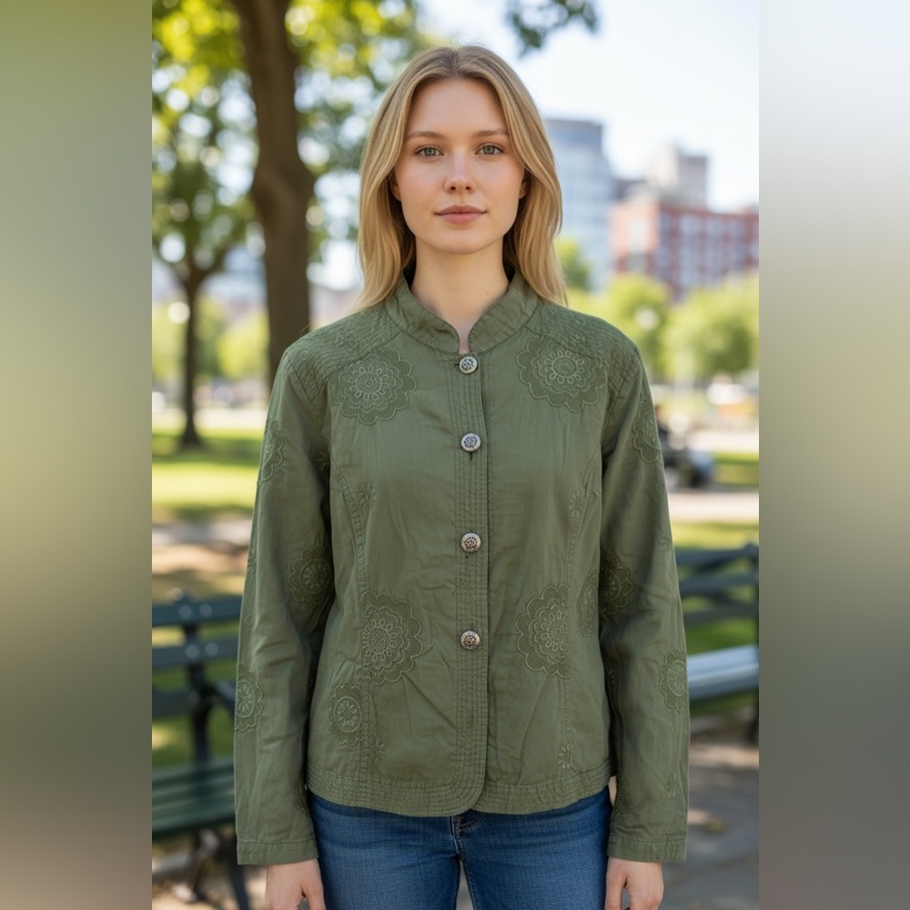 Christopher Banks Army Green Floral Embroidered Jacket Cottagecore Whimsy Size L